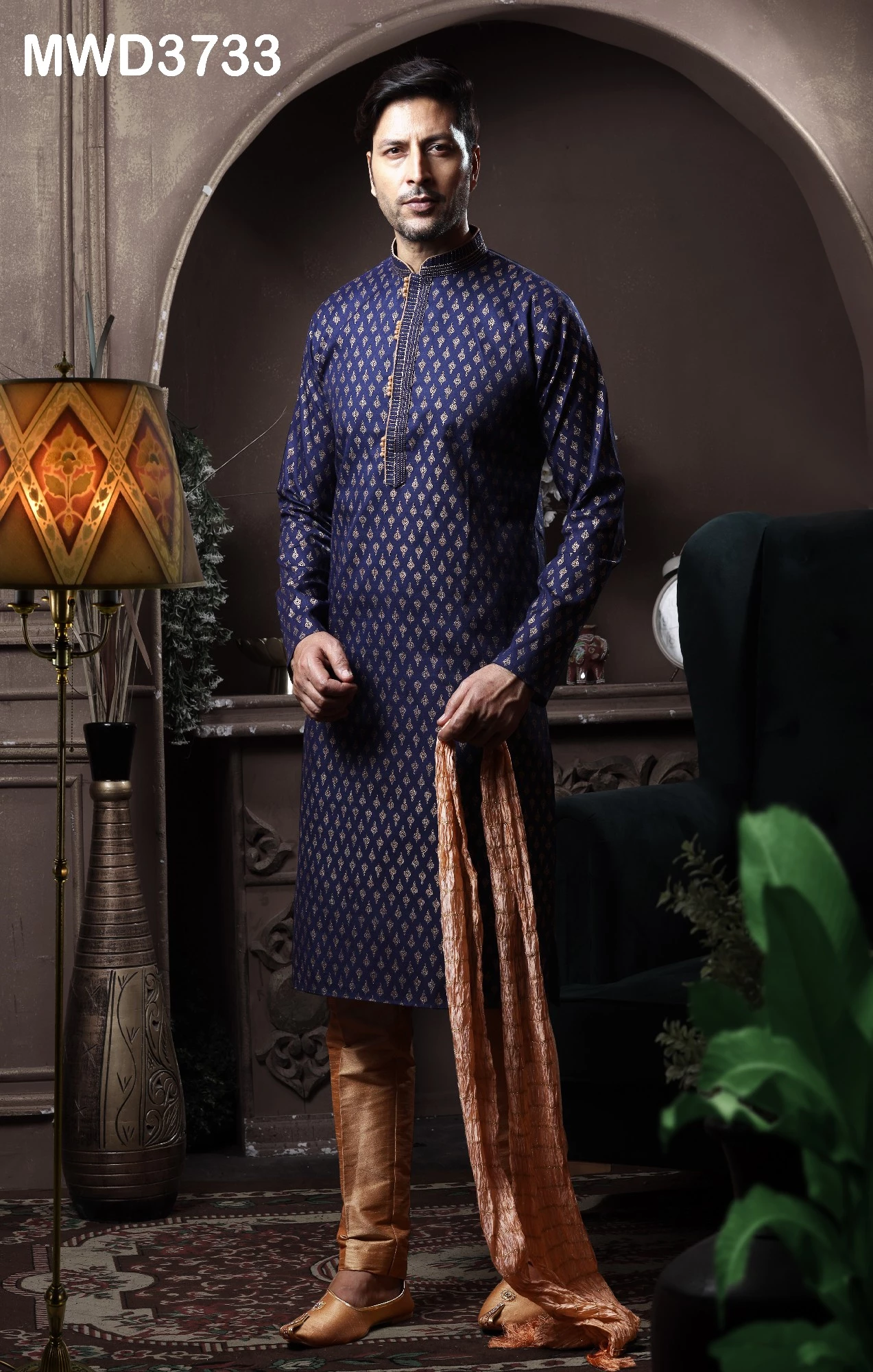 Readymade Navy Blue Mens Printed Kurta Pajama, 36-1.webp